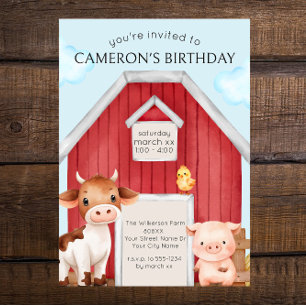 Cute Red Barn and Farm Animals Invitation