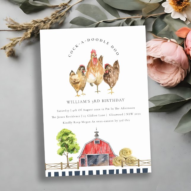 Cute Red Barn Chicken Farm Kids Birthday Invite (Creator Uploaded)