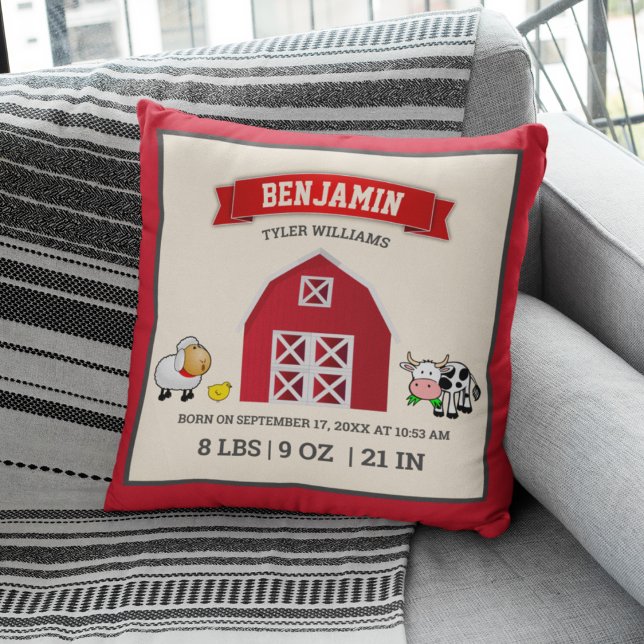 Cute Red Barn Farm Animals Baby Birth Stats Cushion (Creator Uploaded)