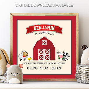 Cute Red Barn Farm Animals Baby Birth Stats Poster