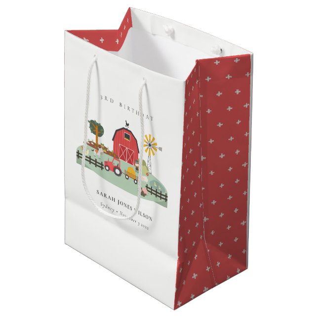 Cute Red Barnyard Farm Animal Any Age Birthday Medium Gift Bag (Front Angled)