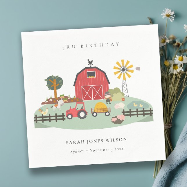 Cute Red Barnyard Farm Animal Any Age Birthday Napkin (Creator Uploaded)