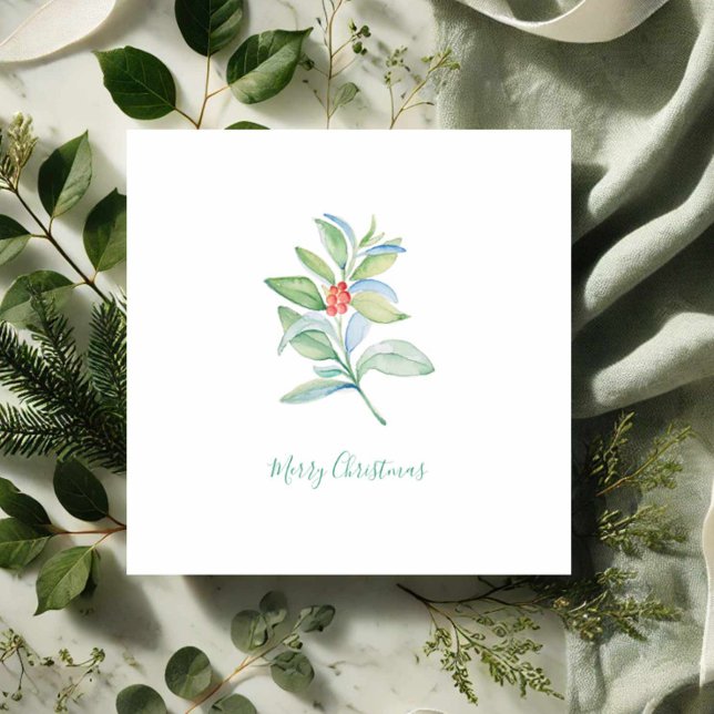 Cute Red Berries and Holly Watercolor Christmas Card (Watercolor Christmas cards simple red & green botanical art by Victoria Grigaliunas Do Tell A Belle)