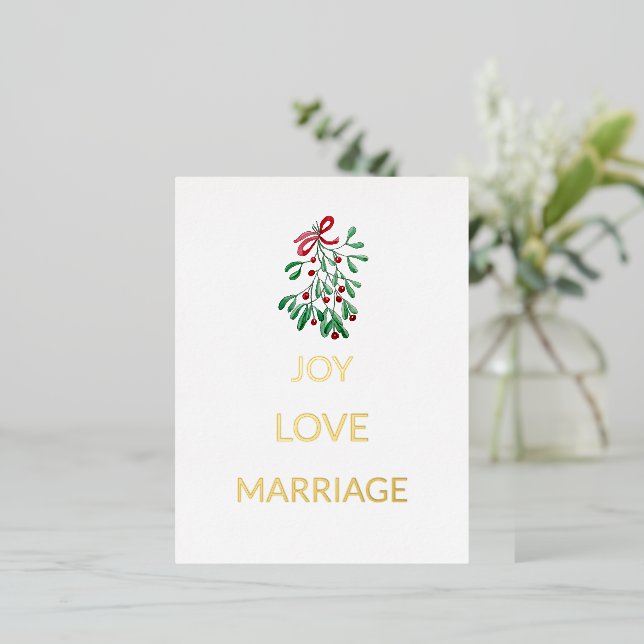 Cute Red Berries Mistletoe Joy Love Marriage Foil Holiday Postcard (Standing Front)