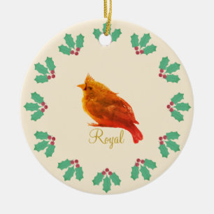 Cute Red Bird & Holly Berries Ceramic Tree Decoration