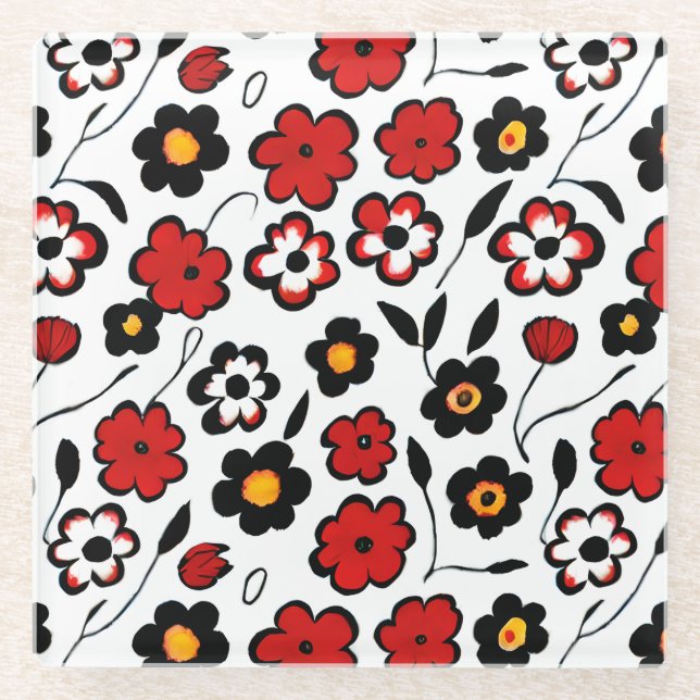 Cute Red, Black and White Flower Pattern Glass Coaster (Front)