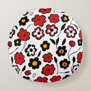 Cute Red, Black and White Flower Pattern Round Cushion