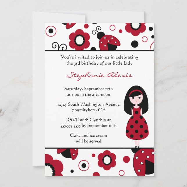Cute red black lady bugs birthday party invitation (Front)