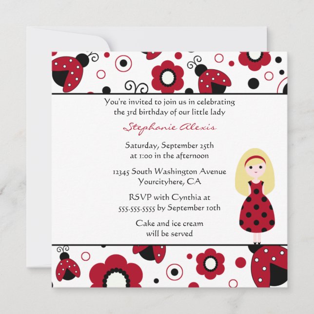Cute red black lady bugs birthday party invitation (Front)