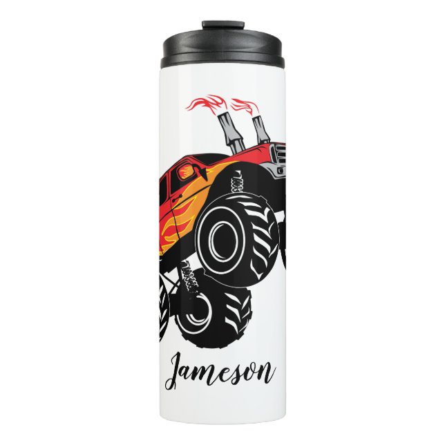 Cute Red Black Monster Truck Name Personalised Thermal Tumbler (Front)