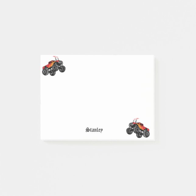 Cute Red Black Personalised Monster Truck Post-it Notes (Front)