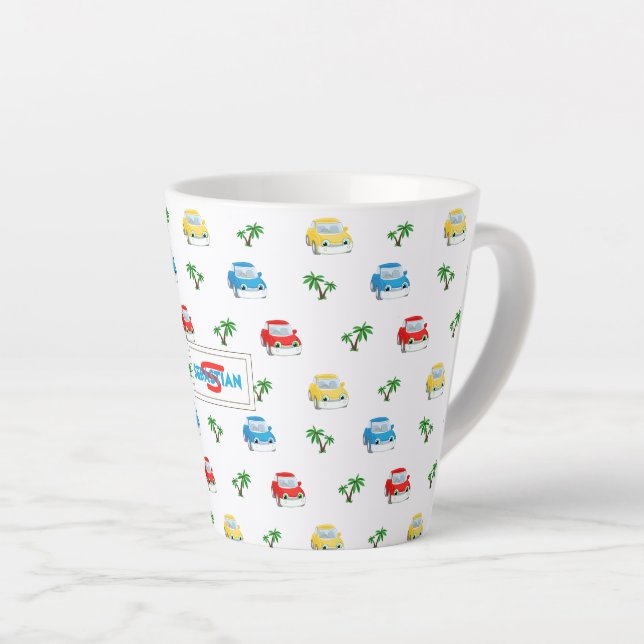 Cute Red, Blue and Yellow Cars Kids Cartoon Latte Mug (Right Angle)