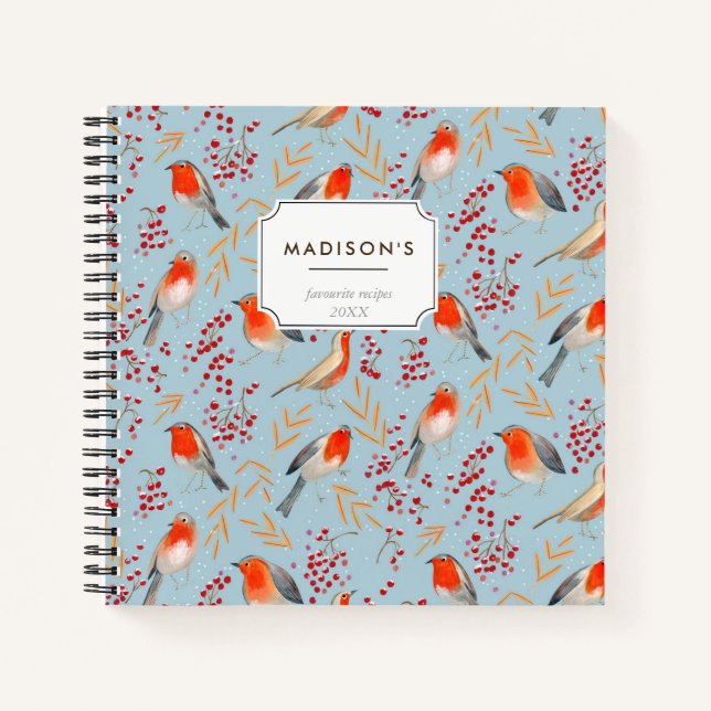 Cute Red blue Christmas bird robin Pattern Notebook (Front)