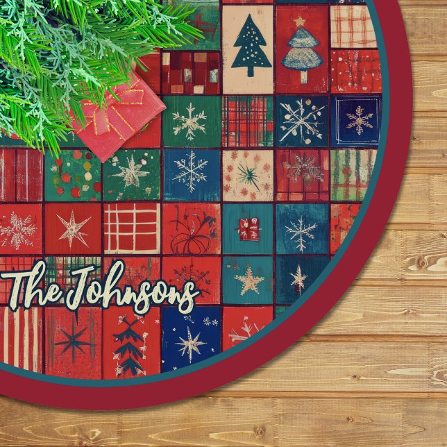 Cute red blue festive christmas pattern custom brushed polyester tree skirt (Creator Uploaded)
