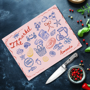 Cute Red Blue Fish Market Doodles Cutting Board