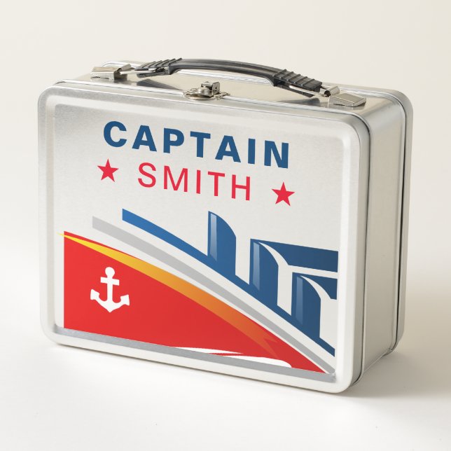 Cute Red Blue Nautical Ship Kids Name Metal Lunch Box (Front)