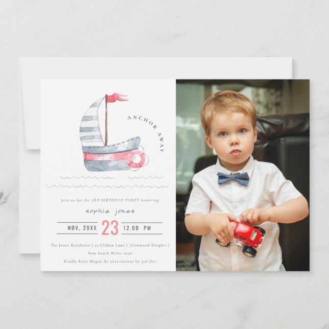 Cute Red Blue Sailboat Kids Photo Birthday Invitation (Front)