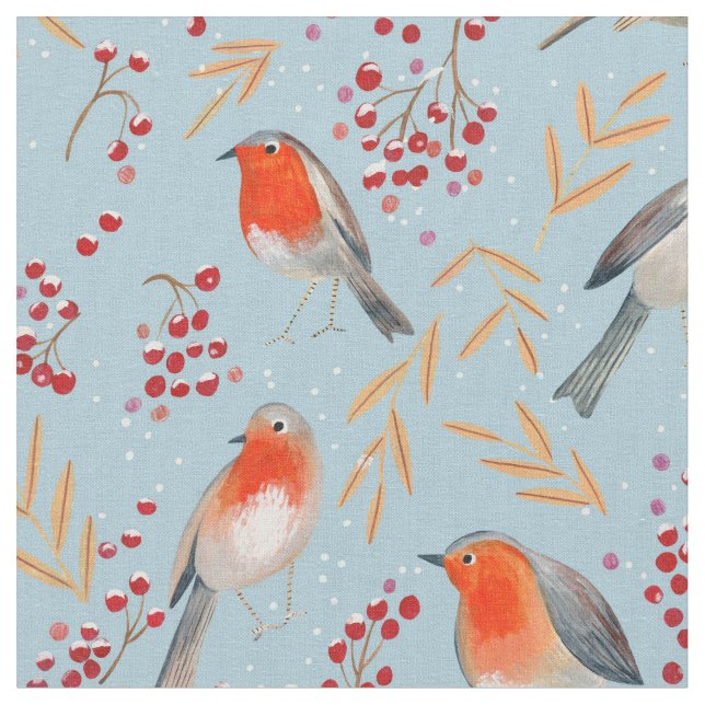 Cute Red blue winter Christmas birds robin Pattern Fabric (Close Up)