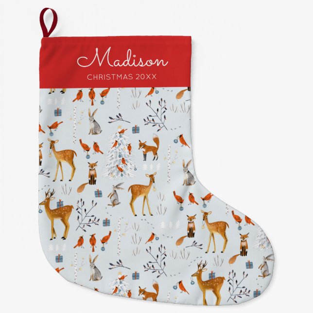 Cute Red & Blue Woodland animals pattern Large Christmas Stocking (Front)