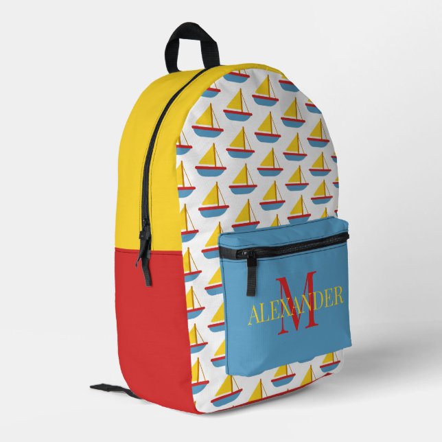 Cute Red Blue Yellow Toy Sailboat Monogram Printed Backpack (Back Corner Left)