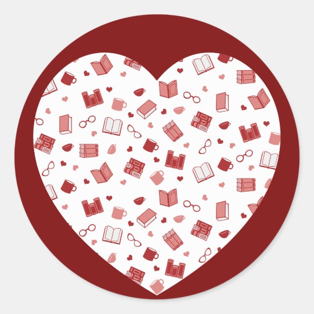 Cute Red Book and Reading Pattern on heart Classic Round Sticker (Front)