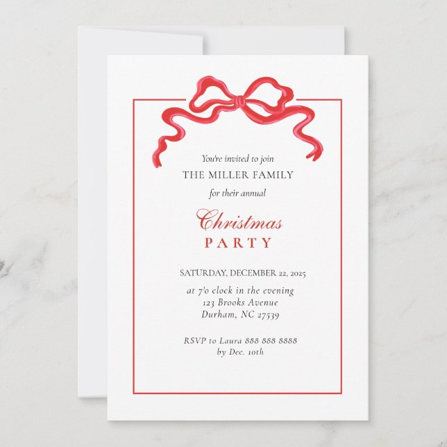 Cute Red  bow Christmas Holiday Party Invitation (Front)