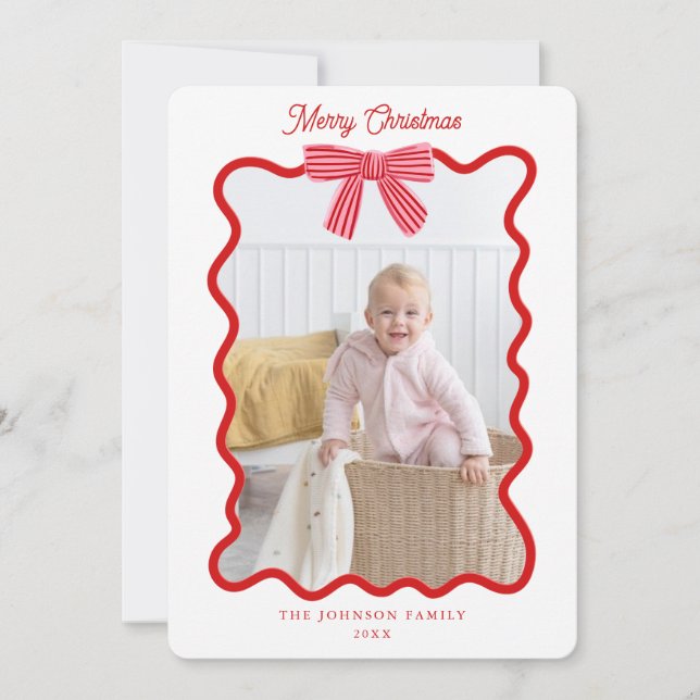 Cute Red bow Christmas Photo frame  Holiday Card (Front)