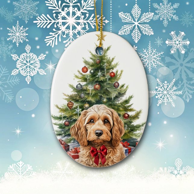 Cute Red Bow Cockapoo Dog Christmas Ceramic Tree Decoration (Creator Uploaded)