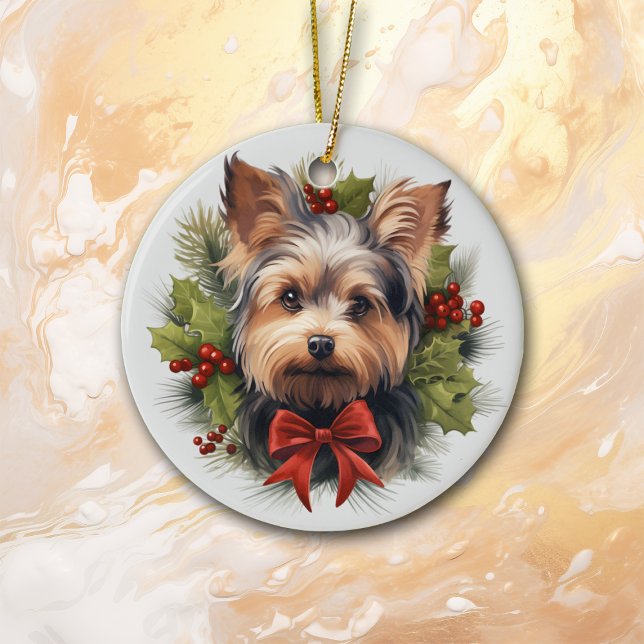 Cute Red Bow Holly Wreath Yorkie Dog Ceramic Tree Decoration (Creator Uploaded)