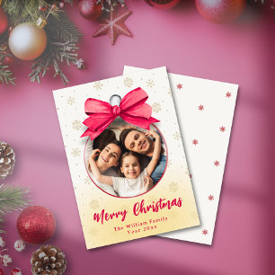 Cute Red Bow Photo Ornament Christmas Family Name Holiday Card