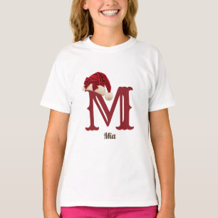 Cute Red Bow Santa Hat Monogram Name Christmas T-Shirt
