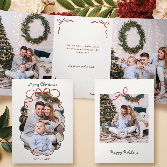 Cute Red Bow Scalloped Border Photo Tri-Fold Card (Creator Uploaded)