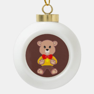 Cute Red Bowtie Beige Teddy Bear Brown  Ceramic Ball Christmas Ornament