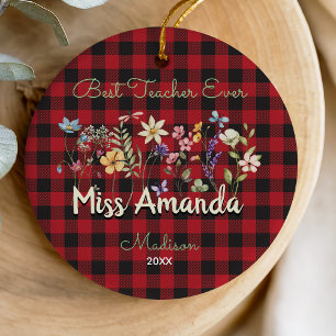 Cute Red Buffalo Plaid Floral Teacher Christmas Ceramic Tree Decoration