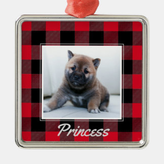 Cute Red Buffalo Plaid Personalised Dog Pet Metal Tree Decoration