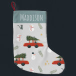 Cute Red Car and Snowman Winter Holiday Tree Kids Small Christmas Stocking<br><div class="desc">This cute and quirky kids Christmas stocking design features a unique red car illustration with a Christmas tree and snowman/snowwoman,  cat,  stars and space for your boy's name. The perfect gender neutral keepsake for your little one's first Christmas,  or for a car or winter-loving kid!</div>
