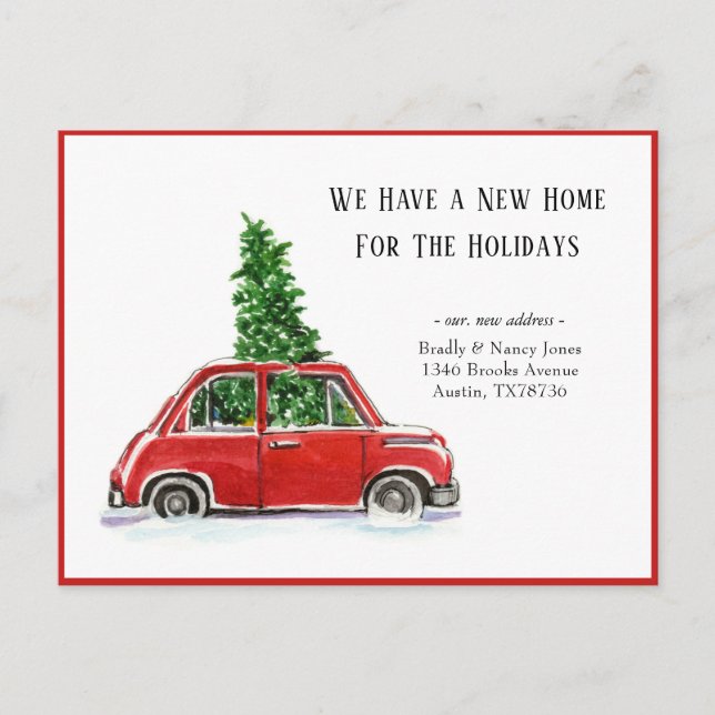 Cute Red Car New Home for Holiday Postcard (Front)