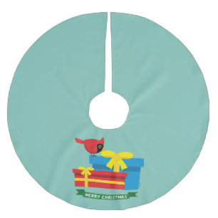 Cute Red Cardinal Opening A Blue Gift Brushed Polyester Tree Skirt