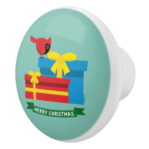 Cute Red Cardinal Opening A Blue Gift Ceramic Knob