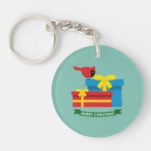 Cute Red Cardinal Opening A Blue Gift Key Ring