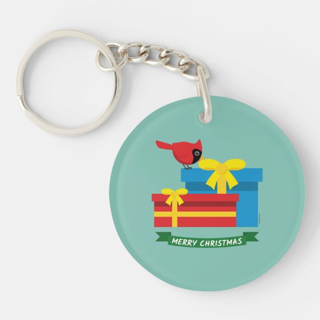 Cute Red Cardinal Opening A Blue Gift Key Ring (Front)