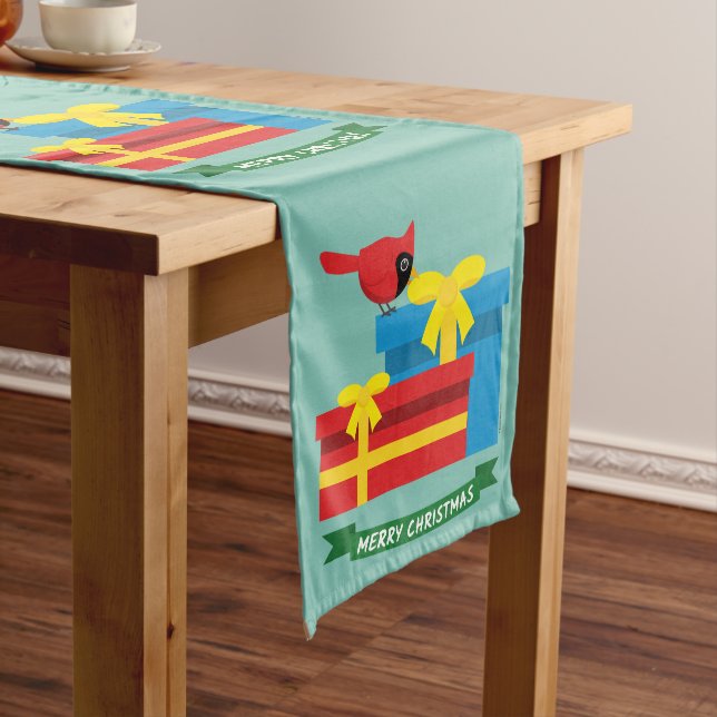 Cute Red Cardinal Opening A Blue Gift Medium Table Runner (In Situ)