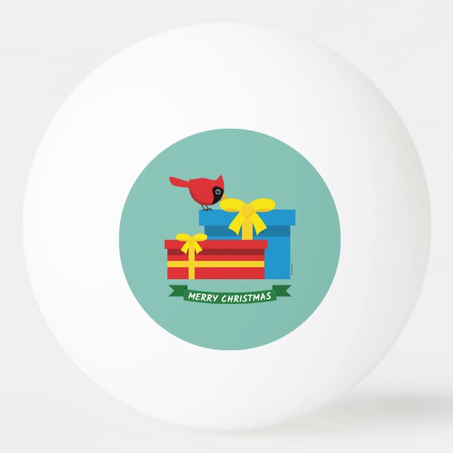 Cute Red Cardinal Opening A Blue Gift Ping Pong Ball (Front)