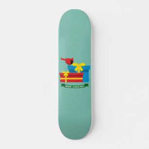 Cute Red Cardinal Opening A Blue Gift Skateboard