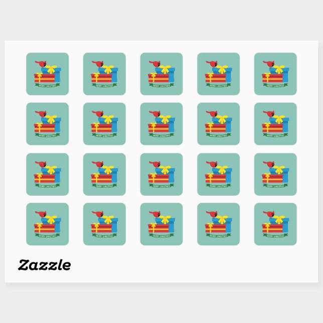 Cute Red Cardinal Opening A Blue Gift Square Sticker (Sheet)