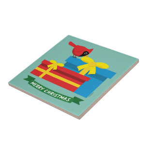 Cute Red Cardinal Opening A Blue Gift Tile
