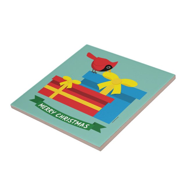 Cute Red Cardinal Opening A Blue Gift Tile (Side)