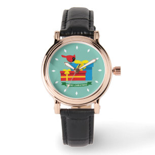 Cute Red Cardinal Opening A Blue Gift Watch