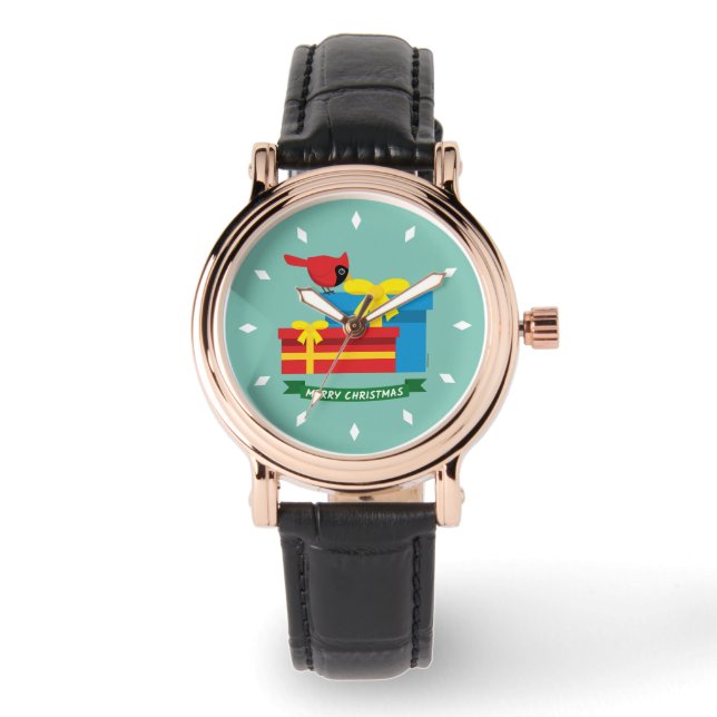 Cute Red Cardinal Opening A Blue Gift Watch (Front)