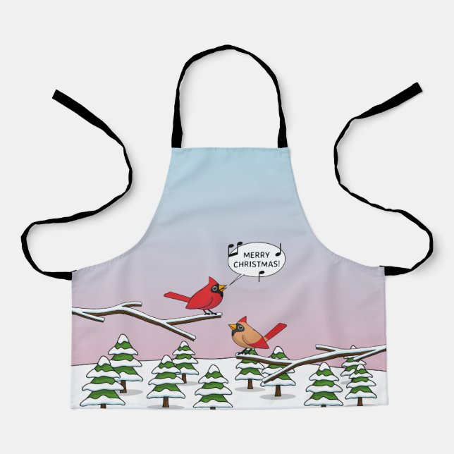 Cute Red Cardinal Singing Merry Christmas Apron (Front)